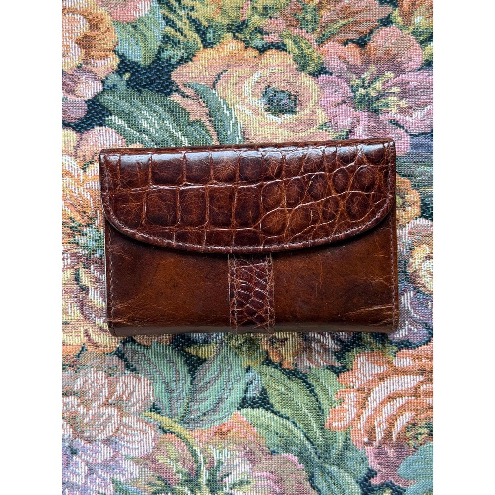 Vintage Buxton Brown Full Grain Leather Cowhide Organizer Wallet Croc Embossed